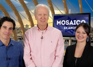 Os apresentadores Victor Padovan, Roni Gotthilf e Lais Louver. Foto: Arquivo Mosaico na TV.